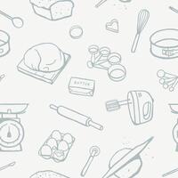 Seamless pattern with hand drawn baking ingredients and tools. Simple food design for fabric, textile, wrapping paper, gift paper vector