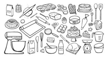 Set of hand drawn various baking tools and ingredients isolated on white background. Simple cooking clip art vector