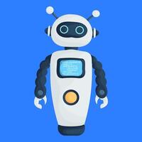 Illustration of a humanoid robot with a digital screen displaying code, featuring a white body and blue background, tech-themed. vector