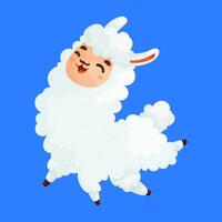 Playful cartoon alpaca jumping joyfully with fluffy fur and a cheerful expression on a vibrant blue background. vector