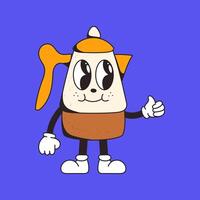 Cute cartoon-style coffee pot character with expressive eyes, smiling face, and thumbs-up gesture on a bright blue background. vector