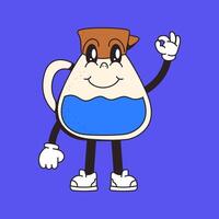 Smiling cartoon-style water jug character with expressive face, filled with water, and making an OK hand gesture on blue background. vector