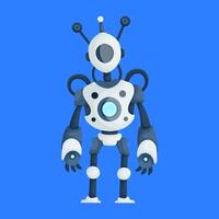 A colorful cartoon robot with antennas and mechanical features standing against a solid blue background, futuristic and playful. vector