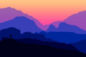 lonely tourist in the mountains at dawn vector