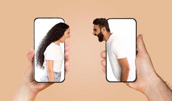 A couple is engaged in an intense conversation via their smartphones, showcasing the blend of technology and emotion in contemporary relationships. Their connection transcends physical distance. photo