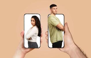 A couple stays connected through their smartphones, showing love and affection despite physical distance. They engage in conversation through a communication app, embodying modern relationships. photo
