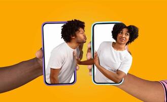 A couple displays love and affection while interacting through their smartphones. They share a moment of communication, showcasing a blend of technology and togetherness in their relationship. photo