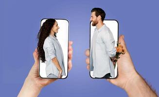 Two people are holding smartphones, each displaying the others image. They share a warm moment, embodying love and connection in a digital age, showcasing modern communication. photo