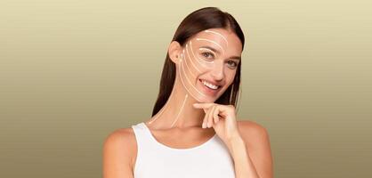 A woman engages in her skin care routine, smiling while caring for her skin. The background is soft and neutral, emphasizing her commitment to self-pampering and beauty. photo