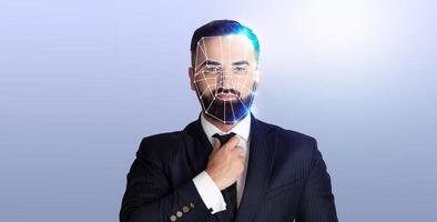 A man adjusts his tie, showcasing a cutting-edge facial recognition system overlay on his face. The background is minimalist, emphasizing the technology in a modern context. photo
