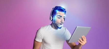 A person with headphones looks surprised while using a tablet. Their facial features are enhanced with a glowing digital overlay, symbolizing modern identification technology in action. photo