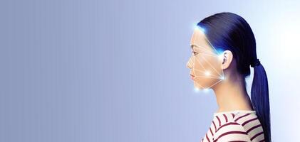 A person is positioned in profile against a plain background, showcasing a digital overlay indicating facial recognition technology. This highlights advancements in identification methods. photo