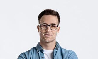 A man stands confidently with crossed arms, showcasing facial recognition technology overlaying his features. The background is minimalistic, creating a focus on the subject. photo