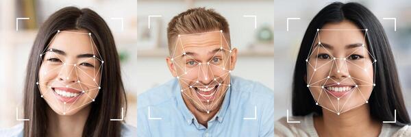 A collage displaying diverse faces with facial recognition technology overlays. Each person shows a unique expression, highlighting the advancement in identification technology. photo