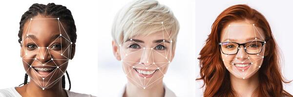 A diverse group of individuals displays unique facial features and expressions, with technology overlay illustrating facial recognition patterns. photo