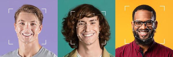 Three diverse individuals smile at the camera, their faces highlighted by facial recognition overlays. This showcases the use of technology for identity verification in modern society. photo