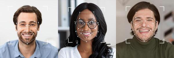 A collage displaying diverse faces, highlighting facial recognition technology's capabilities. Each person smiles, showcasing their unique features in a contemporary setting. photo