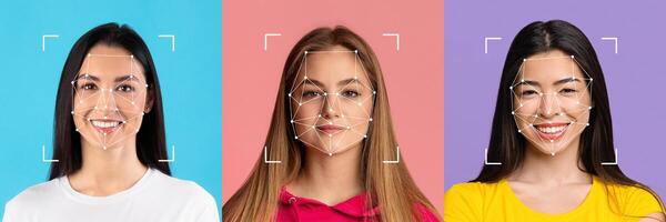 Three individuals with diverse backgrounds are highlighted against colorful backgrounds, demonstrating the potential of facial recognition technology for identification and analysis. photo
