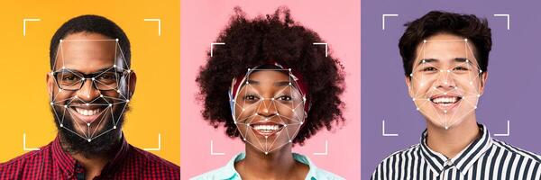 A colorful collage features diverse individuals with facial recognition overlays, demonstrating advancements in identification technology. Each face expresses joy, representing unity and innovation. photo