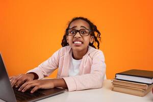 Portrait of shocked scared and frustrated black girl in eyeglasses sitting at desk with laptop, typing on keyboard and looking at camera. Stressed pupil tired of homework, scared of deadlines photo