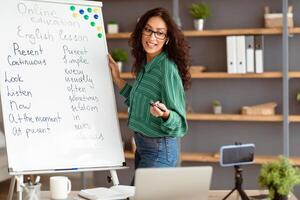 Teacher Recording Vlog. Beautiful smiling young woman in earphones explaining english language rules standing at whiteboard and gesturing on webcam in classroom at home using smartphone on tripod photo