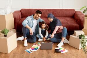 Renovation Concept. High Angle View Of Islamic Family Of Three People Using Laptop Sitting On Floor Among Moving Boxes And Color Palette In New House, Choosing Ordering Furniture, Discussing Design photo