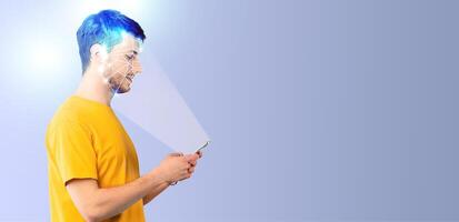 A person is engaged with their mobile device, utilizing advanced face recognition technology. They stand against a simple background, illustrating modern digital interaction. photo