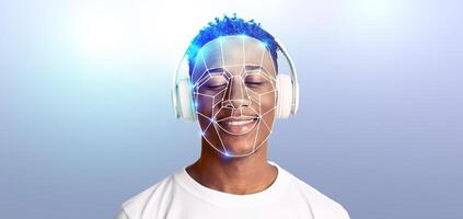 A person is wearing headphones, appearing relaxed and joyful while listening to music. The background suggests a focus on facial recognition technology, creating a modern, tech-inspired atmosphere. photo