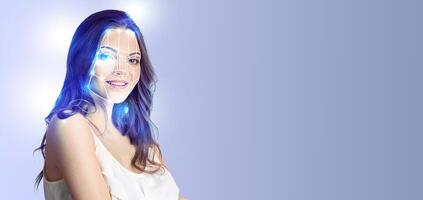 A woman with a confident expression showcases modern facial recognition technology. The technique highlights her features against a calming, empty background, emphasizing innovation. photo