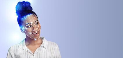 A woman with a joyful expression stands against a plain background while modern facial recognition technology outlines her features. This advances identification methods significantly. photo