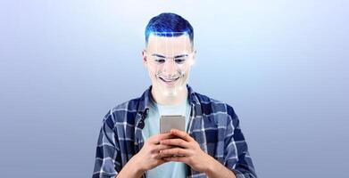 A young person engages with their smartphone, showcasing facial recognition technology. The modern backdrop emphasizes the advancement of identification methods in daily life. photo