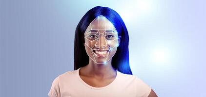 Modern facial recognition technology highlights a young woman face, emphasizing identification features. The isolated background enhances focus on the subject's expression and tech application. photo