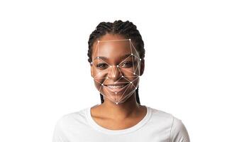 A smiling individual with braided hair is highlighted by facial recognition technology showcasing geometric patterns over her face. The background is plain white, emphasizing the subject's features. photo