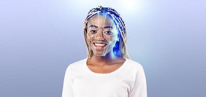 A person with braided hair smiles while digital lines and points form facial recognition patterns over their face. The background is light and minimalistic, emphasizing the technology. photo