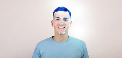 A young person is smiling as a futuristic facial recognition technology overlays on their face. This modern approach emphasizes the advancements in identification methods and privacy considerations. photo