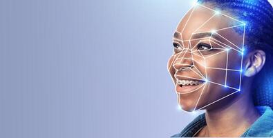 A person smiles as facial recognition technology outlines their features. This modern approach is utilized for identification in a variety of settings, ensuring safety and accuracy. photo