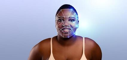 A person with facial recognition technology superimposed on their face is highlighting advancements in modern identification methods. The backdrop is blurred, enhancing focus on the subject. photo