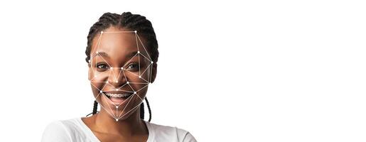 Facial recognition technology maps the features of a smiling person, displaying a joyful expression against a clean, blank background. The subject exudes positivity and engagement. photo