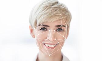 This image illustrates the application of facial recognition technology on a woman's joyful expression. The visual features facial mapping points indicating identification processes in modern tech. photo