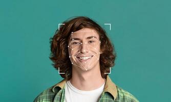 A young individual with curly hair smiles at the camera while a facial recognition overlay highlights key features. This demonstrates advanced identification technology in a simple, clean environment. photo