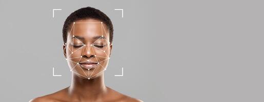 A person with closed eyes and a serene expression has facial recognition technology applied, showcasing the use of identification tools against a plain background. photo