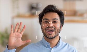 A man is smiling and waving, with facial recognition technology overlaying his face, demonstrating identification capabilities in a contemporary environment filled with light. photo