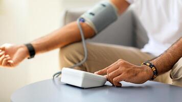 Closeup of unrecognizable man in white t-shirt using modern tonometer at home, copy space. Cropped of middle-eastern male patient measuring his blood pressure, making self checkup photo