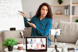 Online Studying, Distance Learning, Virtual Class. Serious focused lady teacher shooting lesson on smart phone camera, sitting at desk near flipchart, talking to pc screen with diverse students photo