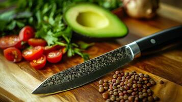 A knife on a cutting board photo