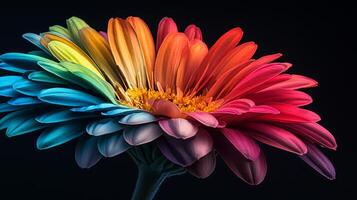 A colorful flower is shown against a black background photo