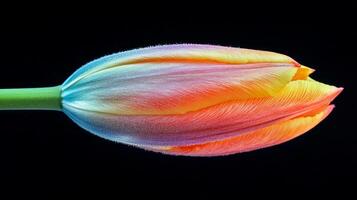 A close up of a tulip with a rainbow colored center photo