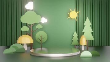 3D animation paper craft nature style background with tree and sun, green stage podium, platforms for product presentation video