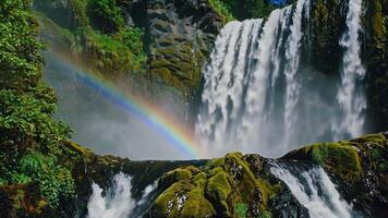 Waterfall Scene with Rainbow and Lush Greenery Footage video