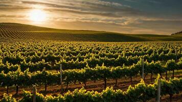 Lush Vineyard Landscape Shot at Sunset Revealing Rows of Grapevines video